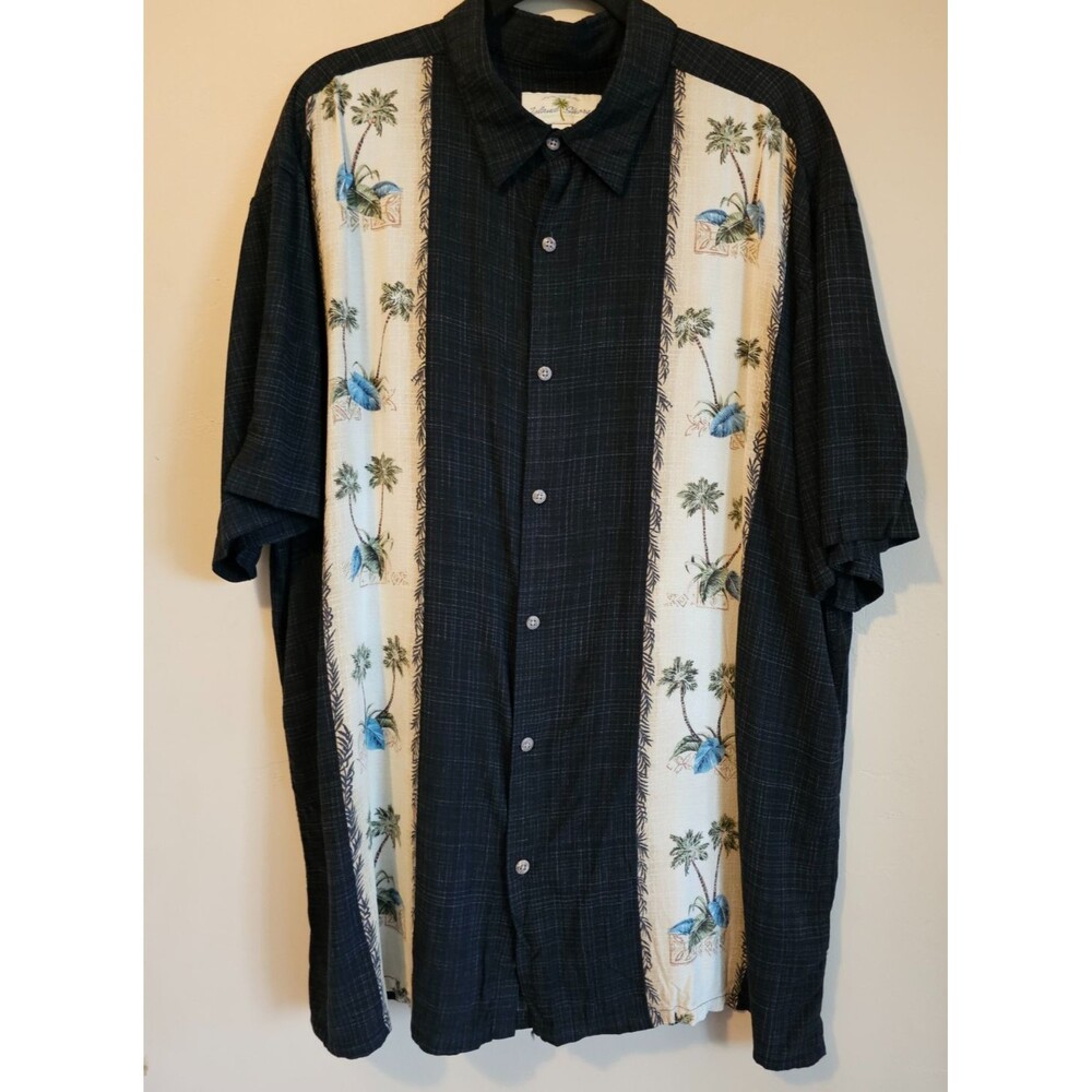 Men's Island Shores Hawaiian Shirt Black White Green Blue Palm Trees Size XXL